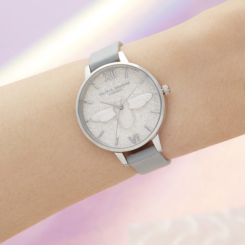 Olivia Burton 3D Bee Glitter Eco Light Grey Leather Women's Watch - OB16GD52