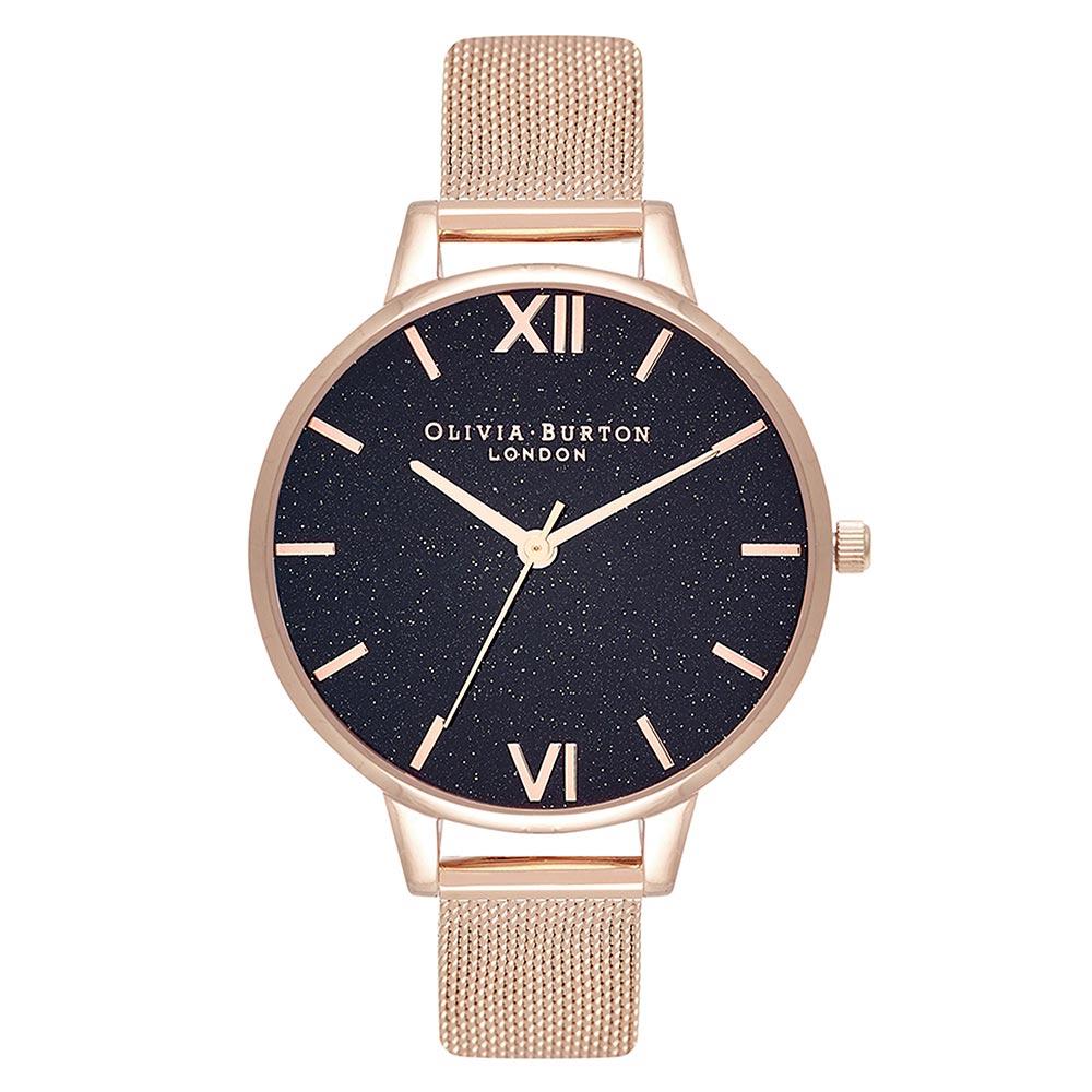 Olivia Burton Demi Black Glitter Dial & Rose Gold Mesh Women's Watch - OB16GD76