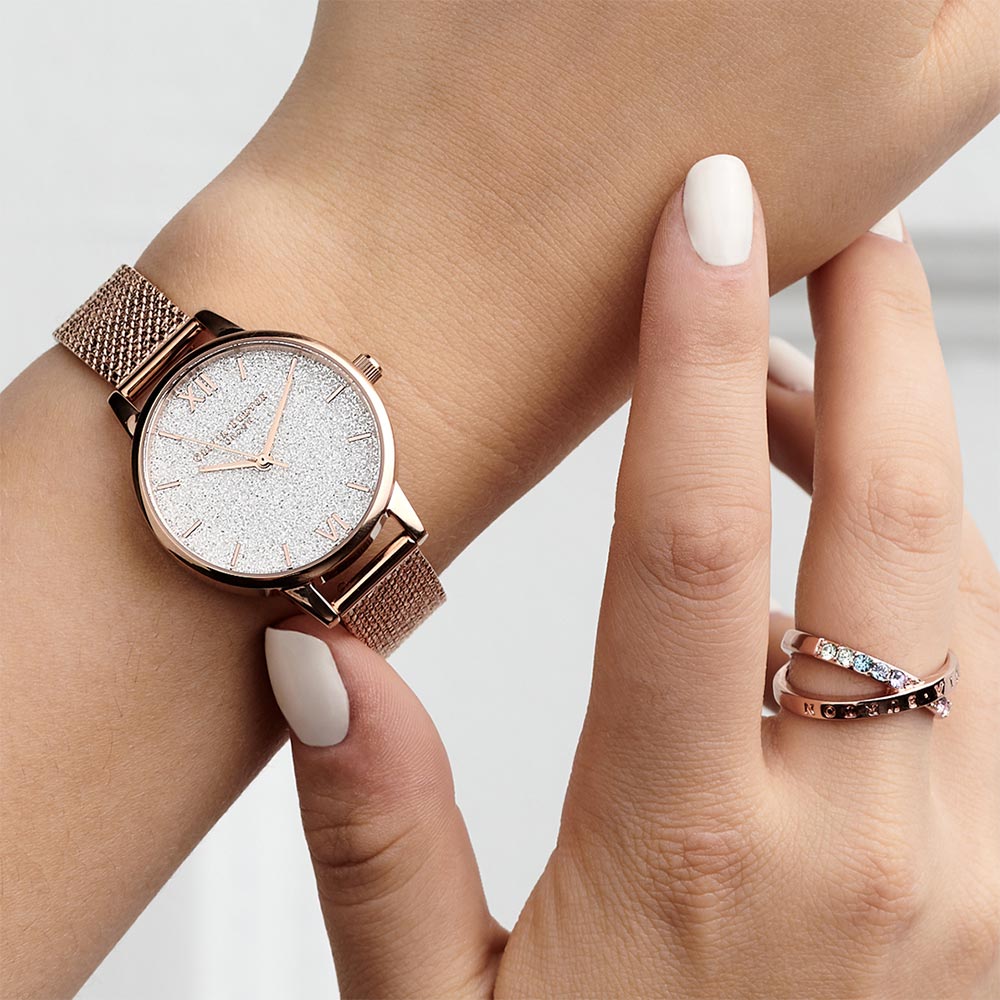 Olivia Burton Midi Rose Gold Mesh White Glitter Dial Women's Watch - OB16GD81