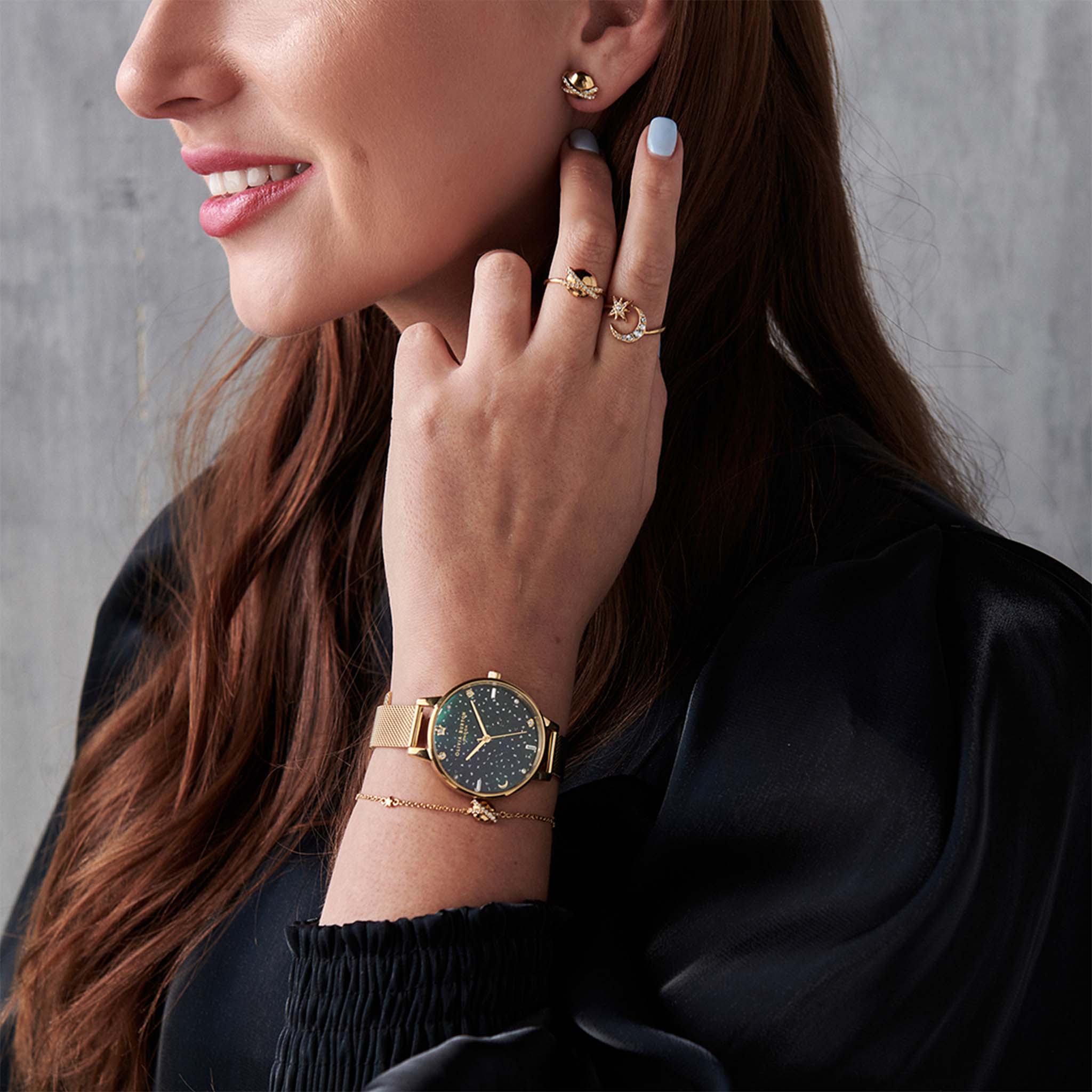 Olivia Burton Celestial Galaxy Demi Emerald Dial Gold Mesh Women's Watch - OB16GD96