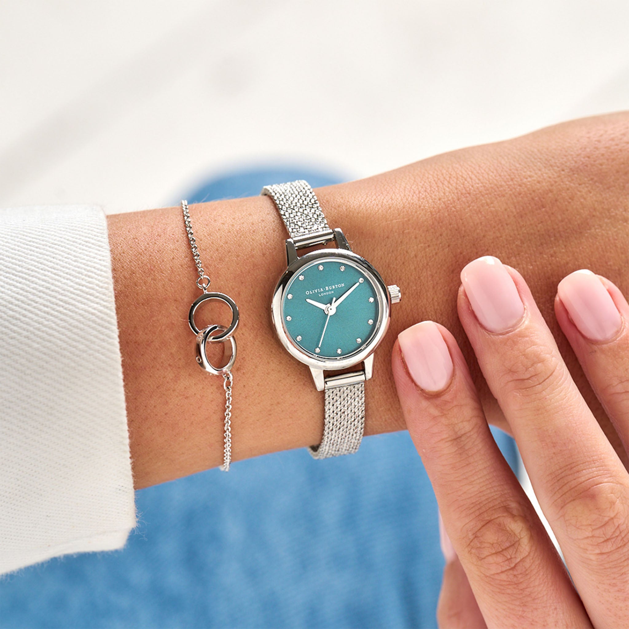 Olivia Burton Classic Mini Silver Mesh Teal Dial Women's Watch - OB16MN13