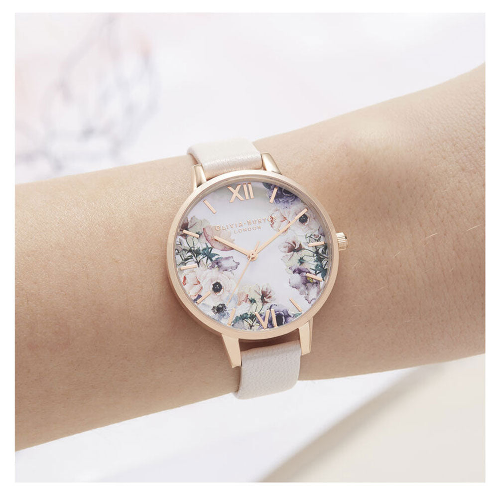 Olivia Burton Watercolour Pearl Pink Leather Floral Dial Women's Watch - OB16PP53