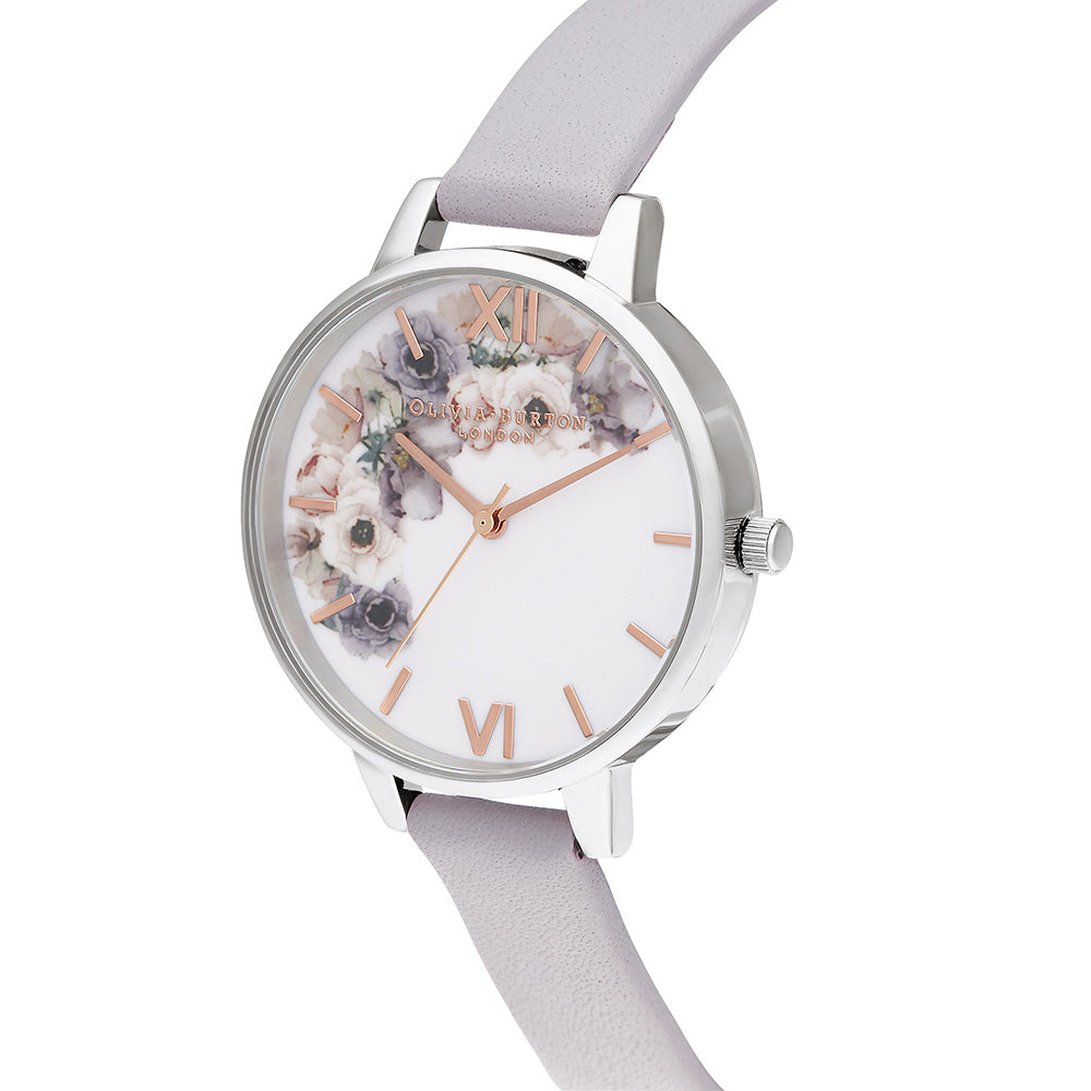 Olivia Burton Watercolour Florals Grey Lilac Leather Women's Watch - OB16PP56