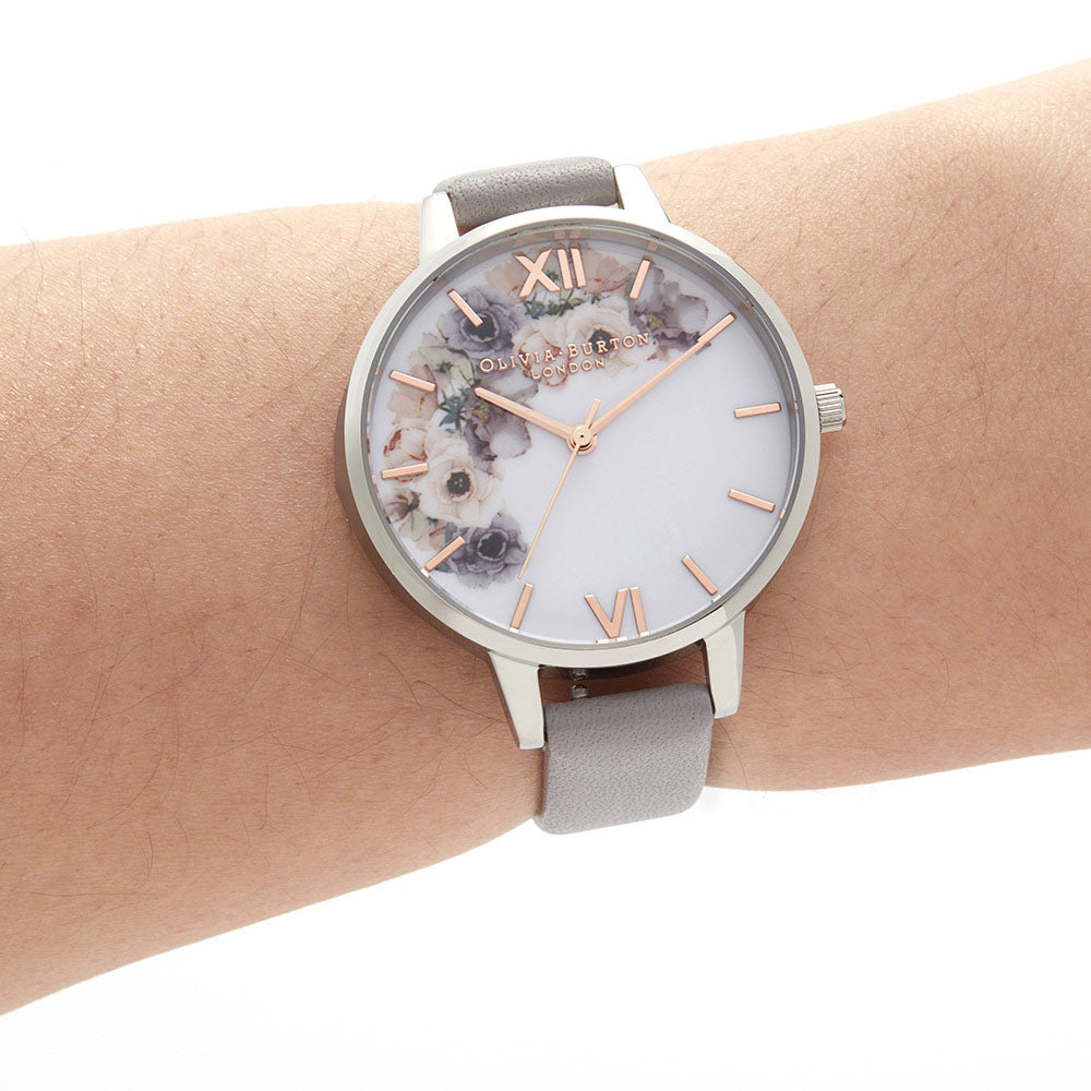 Olivia Burton Watercolour Florals Grey Lilac Leather Women's Watch - OB16PP56