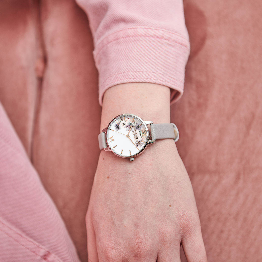 Olivia Burton Watercolour Florals Grey Lilac Leather Women's Watch - OB16PP56