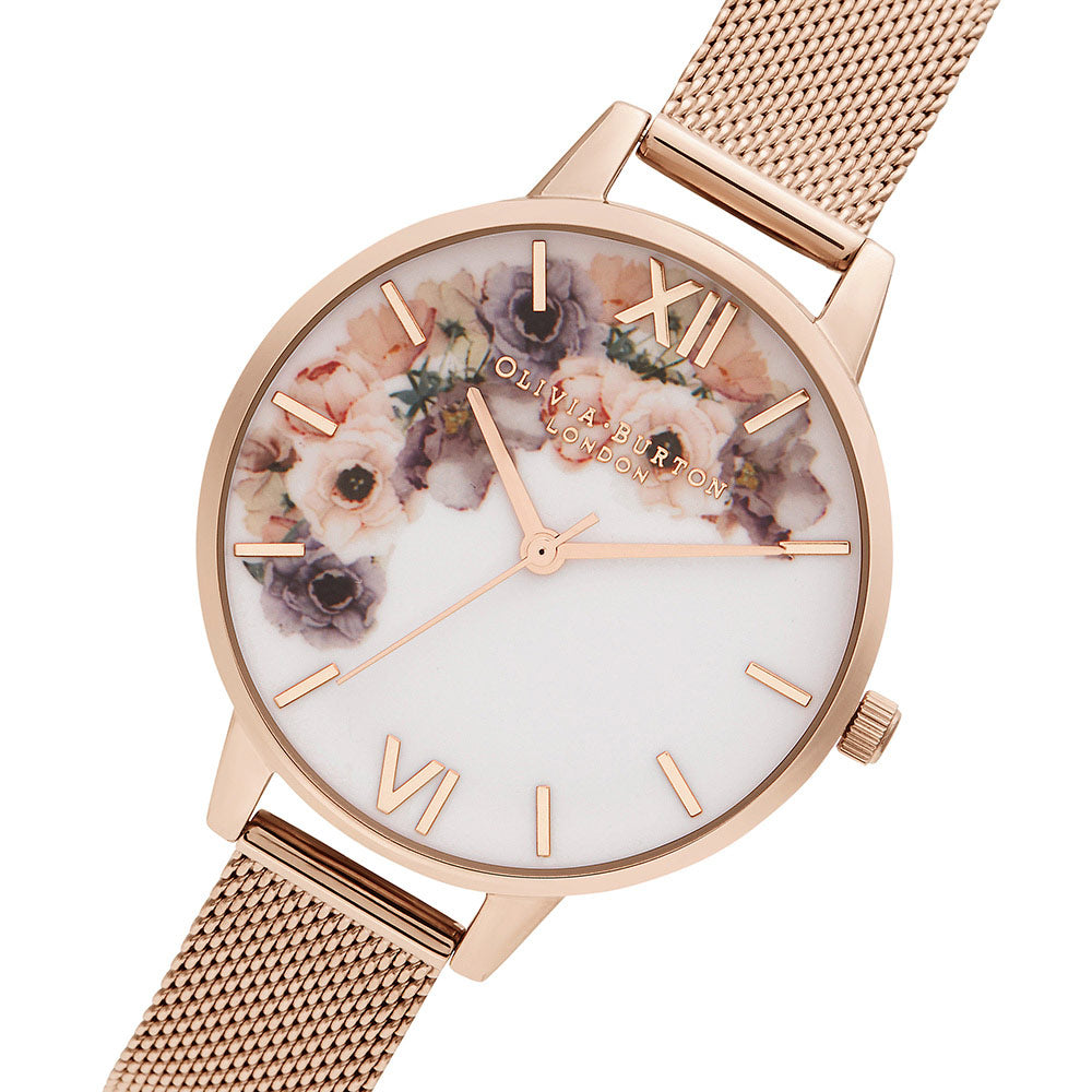 Olivia Burton Watercolour Florals Pale Rose Gold Mesh Ladies Watch - OB16PP57
