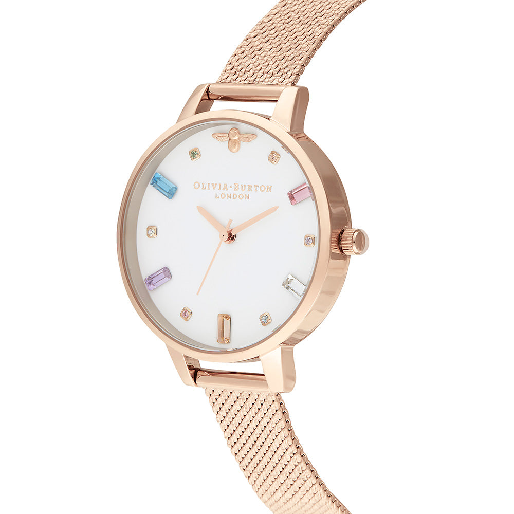 Olivia Burton Rainbow Bee Pale Rose Gold Mesh White Dial Women's Watch - OB16RB15