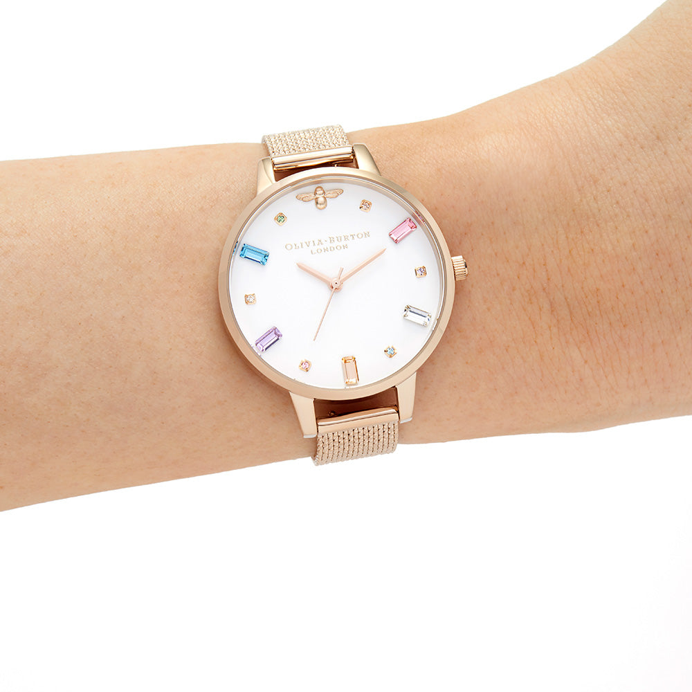 Olivia Burton Rainbow Bee Pale Rose Gold Mesh White Dial Women's Watch - OB16RB15