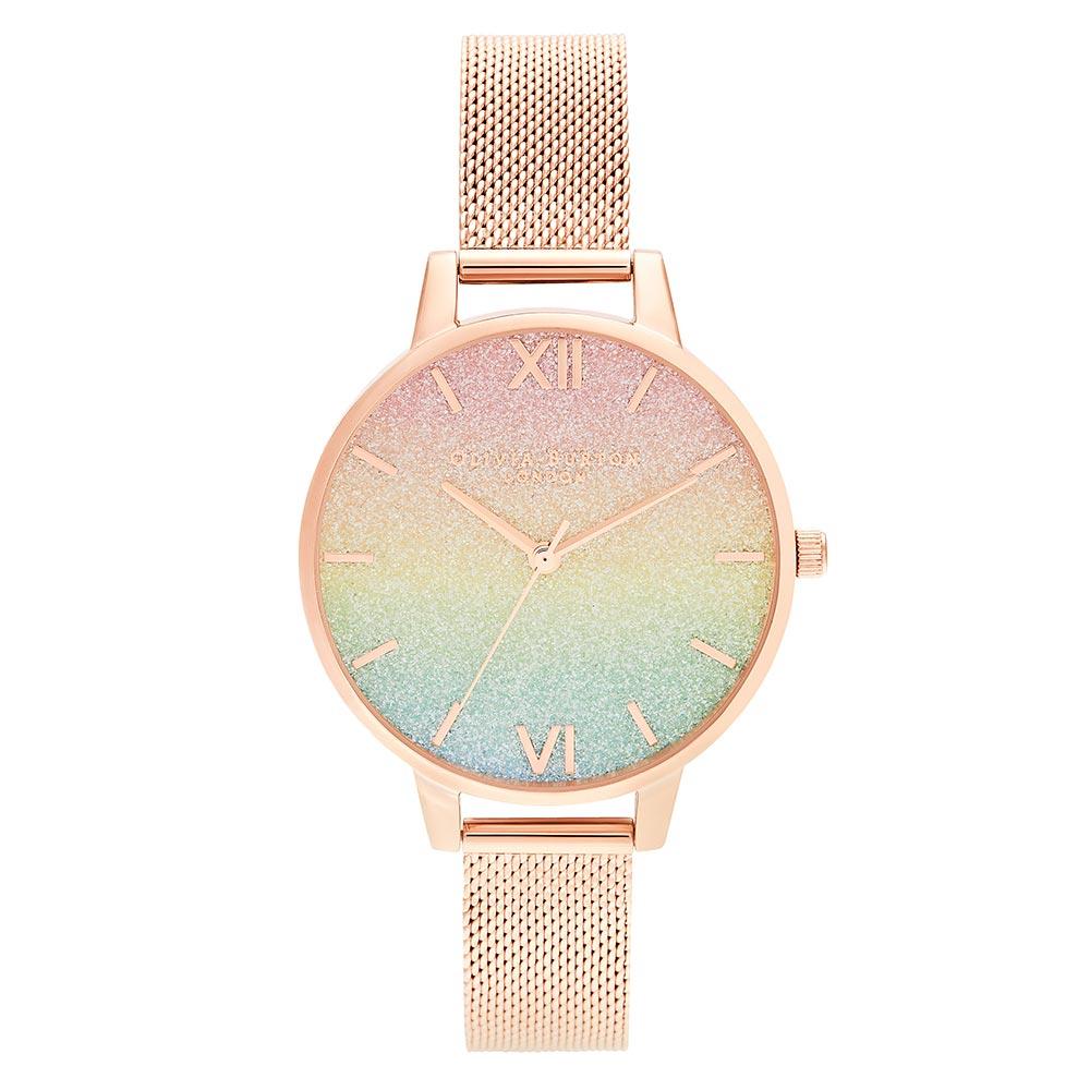 Olivia Burton Rainbow Glitter Dial & Rose Gold Mesh Ladies Watch 