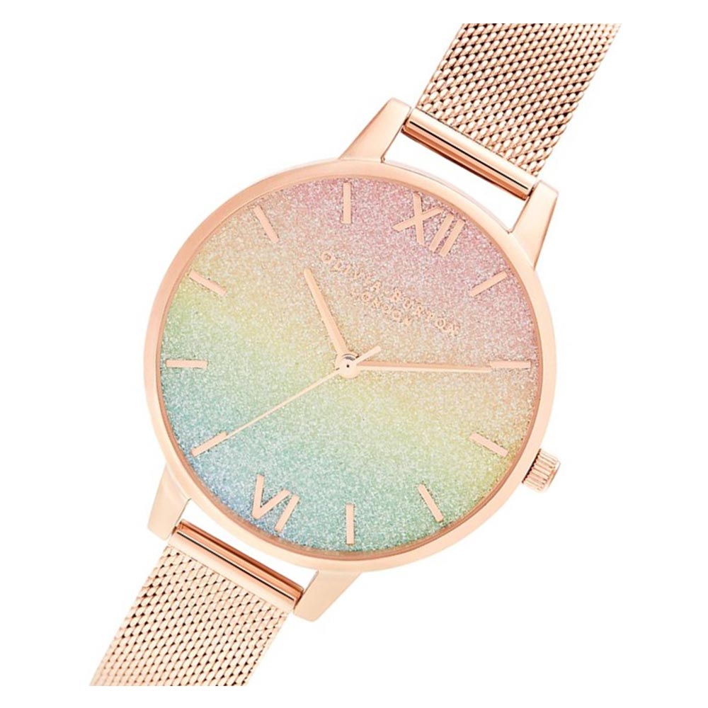 Olivia Burton Rainbow Glitter Dial & Rose Gold Mesh Ladies Watch - OB16RB18