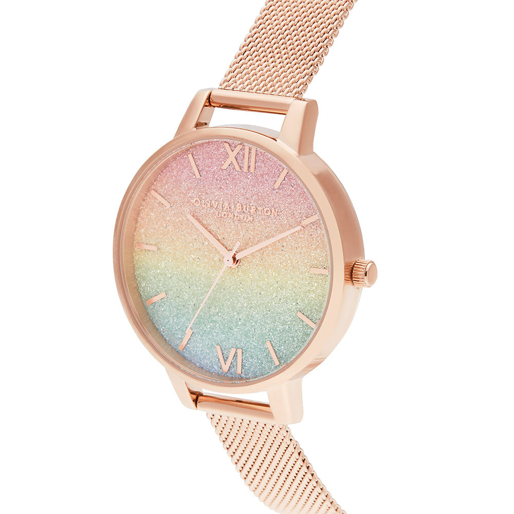 Olivia Burton Rainbow Glitter Dial & Rose Gold Mesh Ladies Watch - OB16RB18