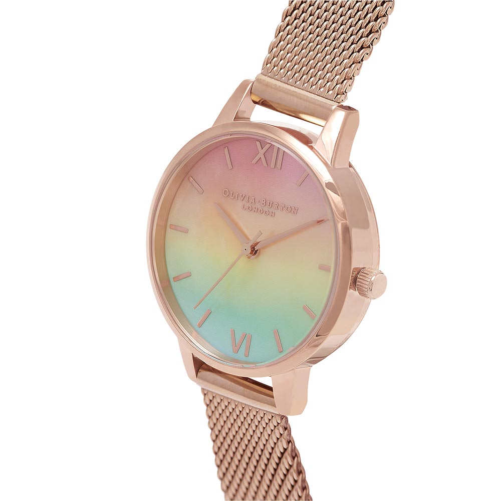 Olivia Burton Midi Rainbow Pearl Dial Rose Gold Mesh Women's Watch - OB16RB25