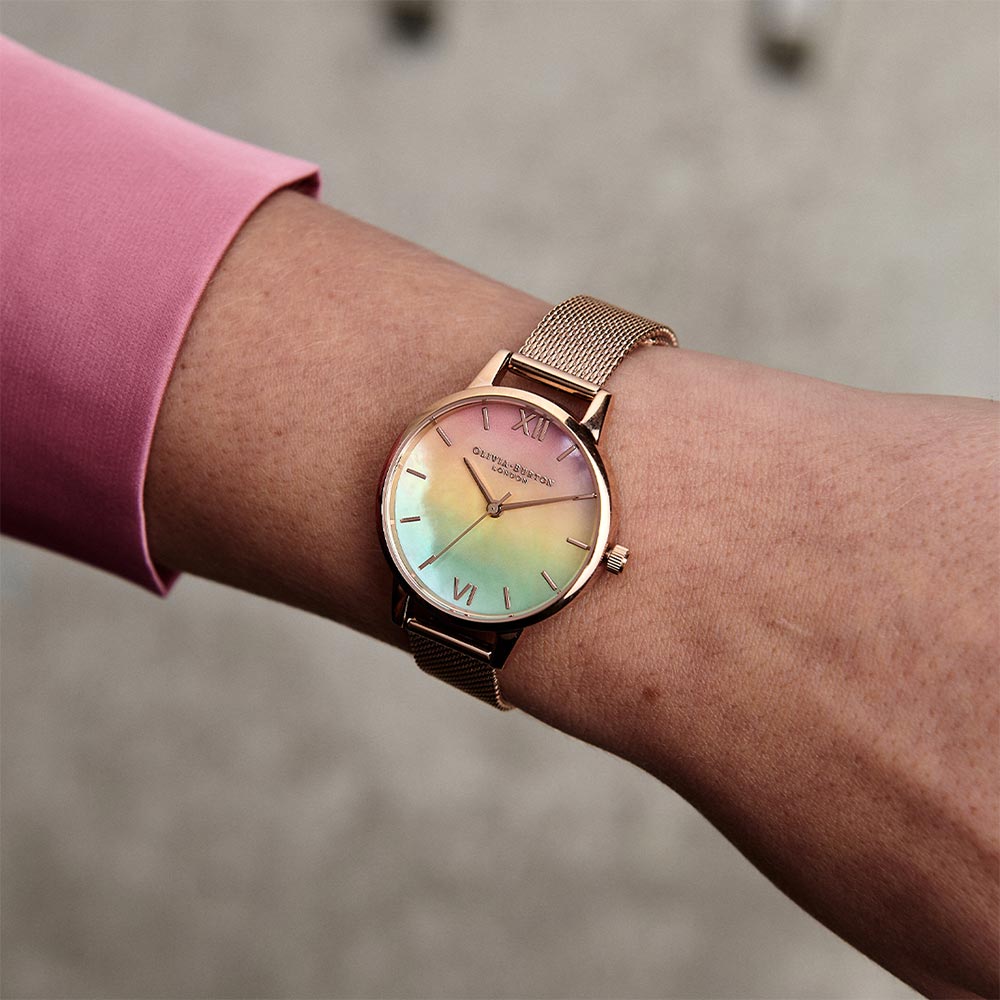 Olivia Burton Midi Rainbow Pearl Dial Rose Gold Mesh Women's Watch - OB16RB25