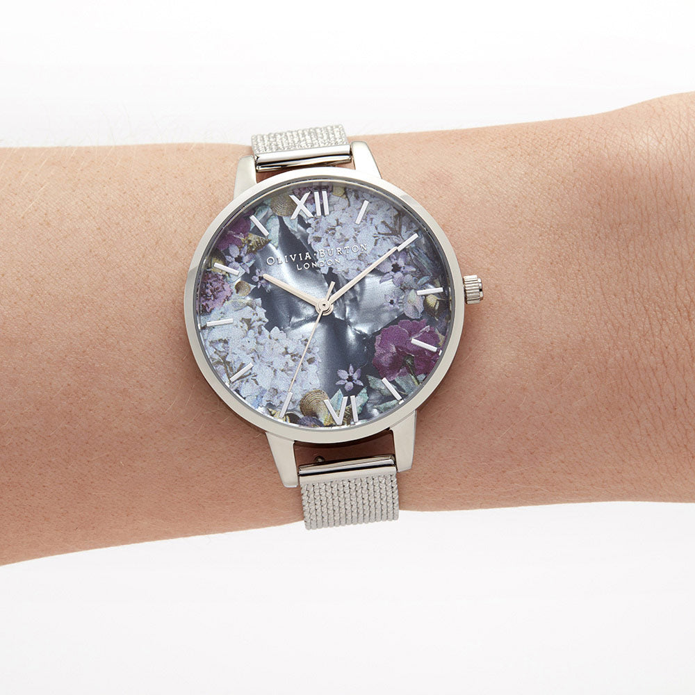 Olivia Burton Under The Sea Silver Mesh Floral Dial Women's Watch - OB16US11