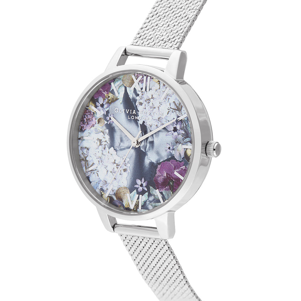 Olivia Burton Under The Sea Silver Mesh Floral Dial Women's Watch - OB16US11