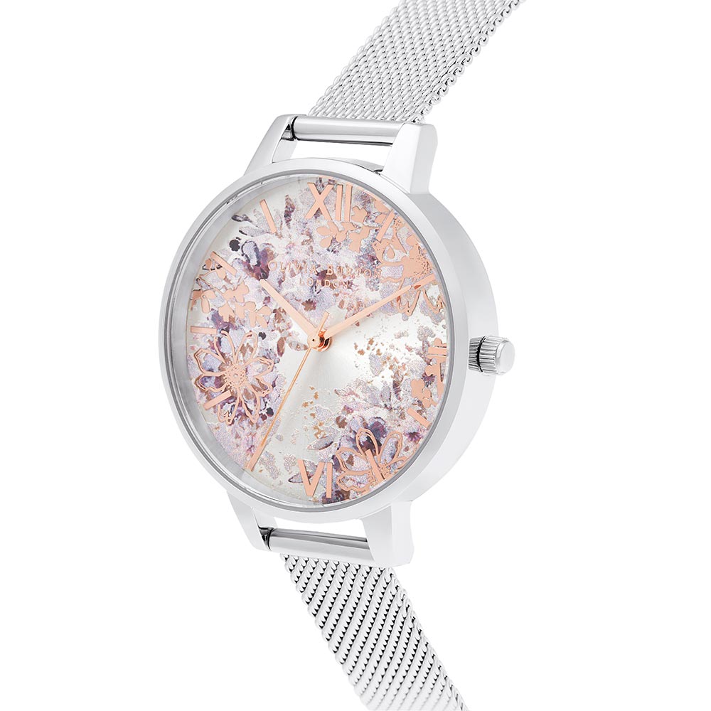 Olivia Burton Abstract Floral Demi Silver Mesh Women's Watch - OB16VM46