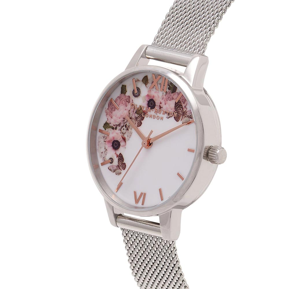 Olivia Burton Signature Silver Mesh White and Floral Dial Women's Watch - OB16WG30