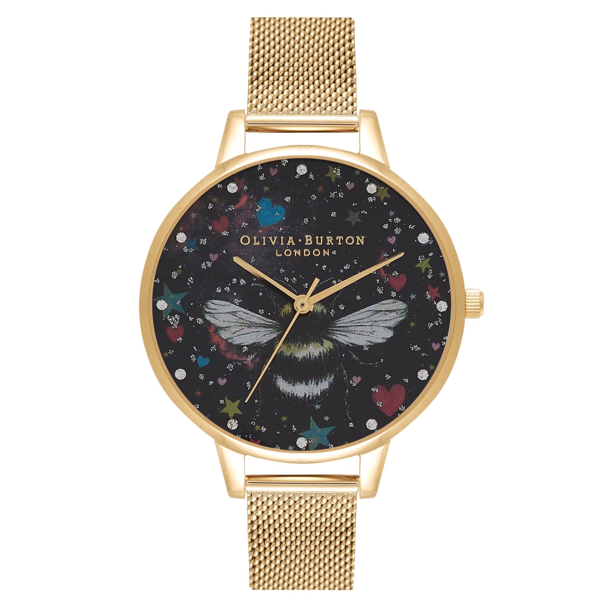 Olivia Burton Gold Mesh Printed Black Dial Women's Basic Watch - OB16WG85