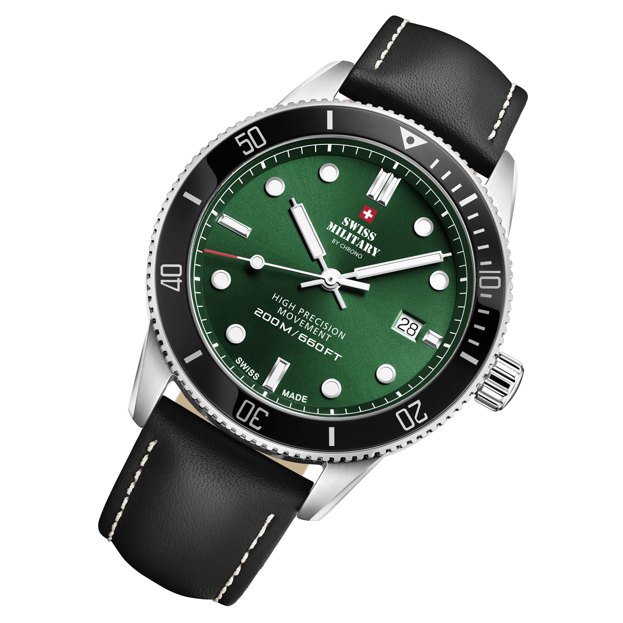 Swiss Military Black Leather Band Green Dial Men's Swiss Made Watch - SM34088.06