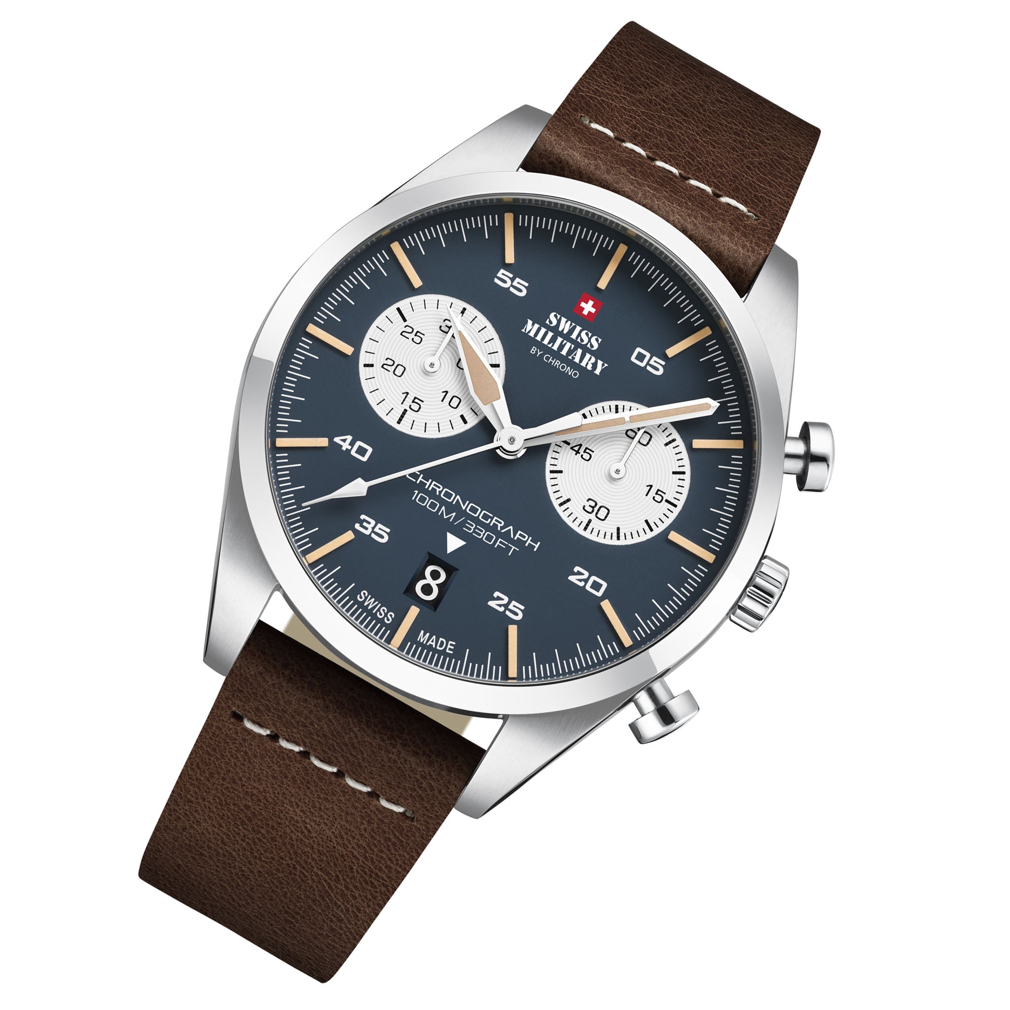 Swiss Military Brown Leather Band Blue Dial Men's Chrono Watch - SM34090.04