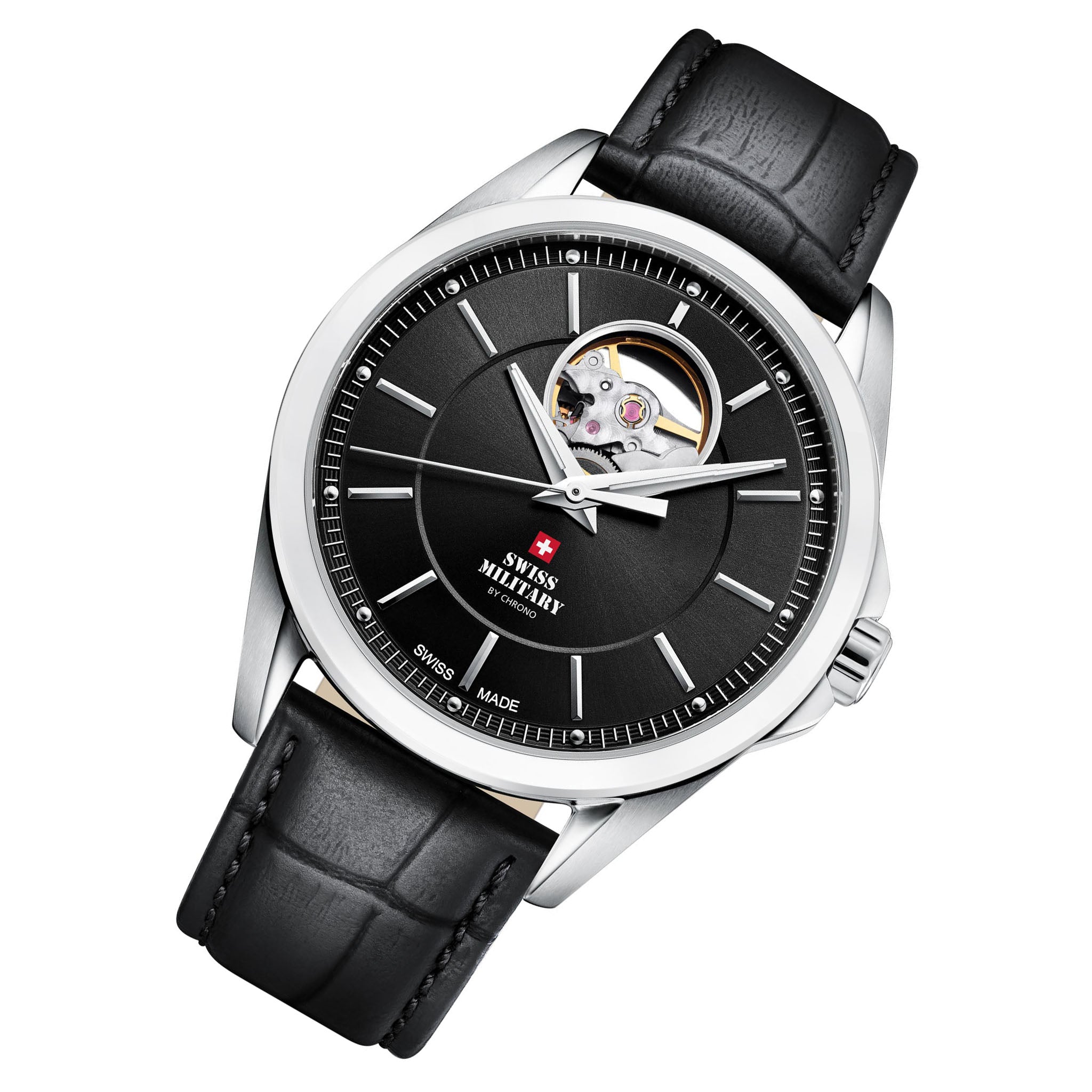 Swiss Military Black Leather Automatic Men's Swiss Made Watch - SMA34085.33