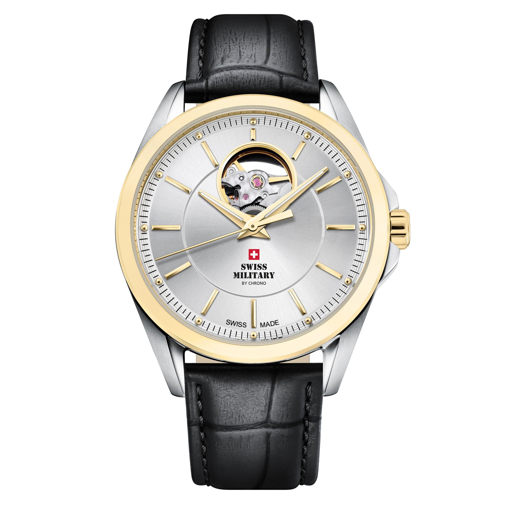 Swiss Military Black Leather Silver Dial Automatic Men's Swiss Made Watch - SMA34085.36