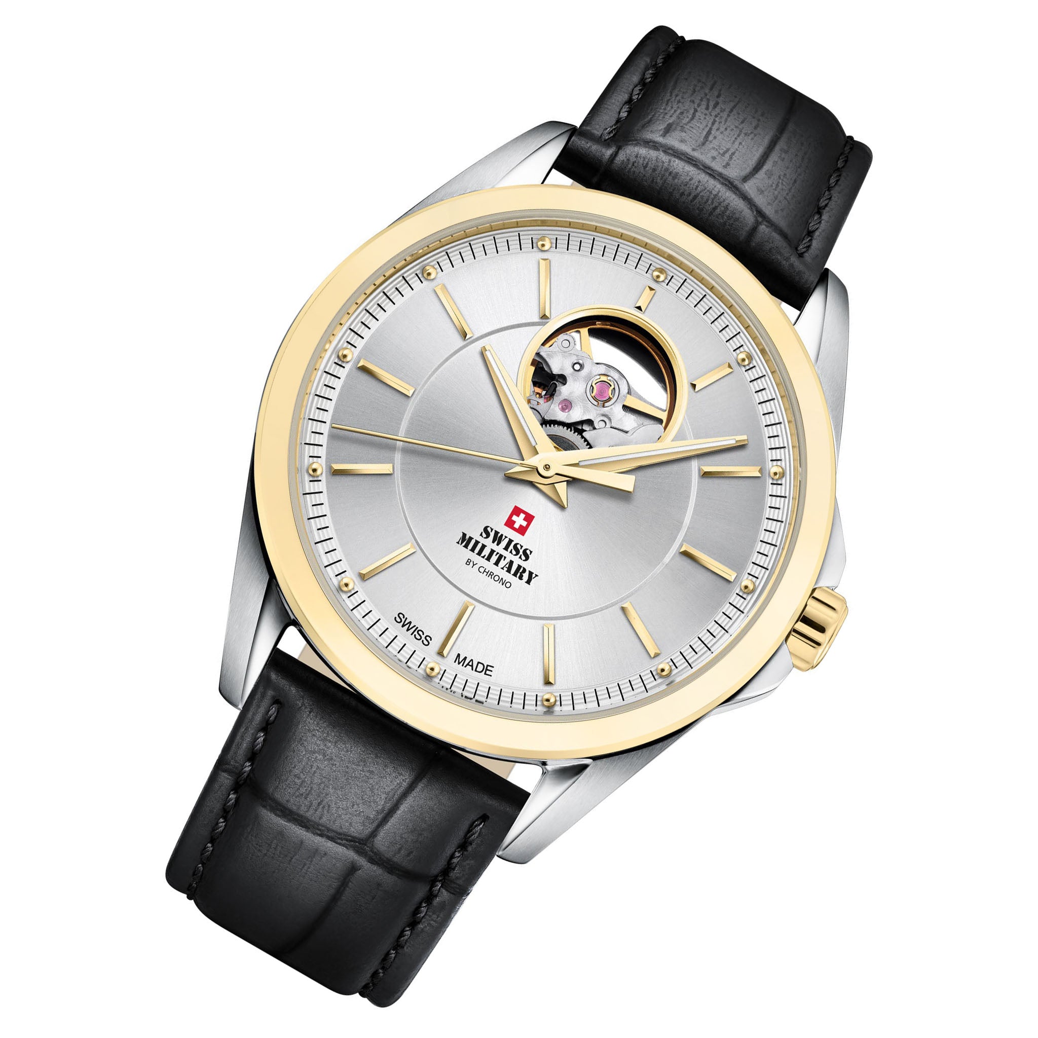 Swiss Military Black Leather Silver Dial Automatic Men's Swiss Made Watch - SMA34085.36