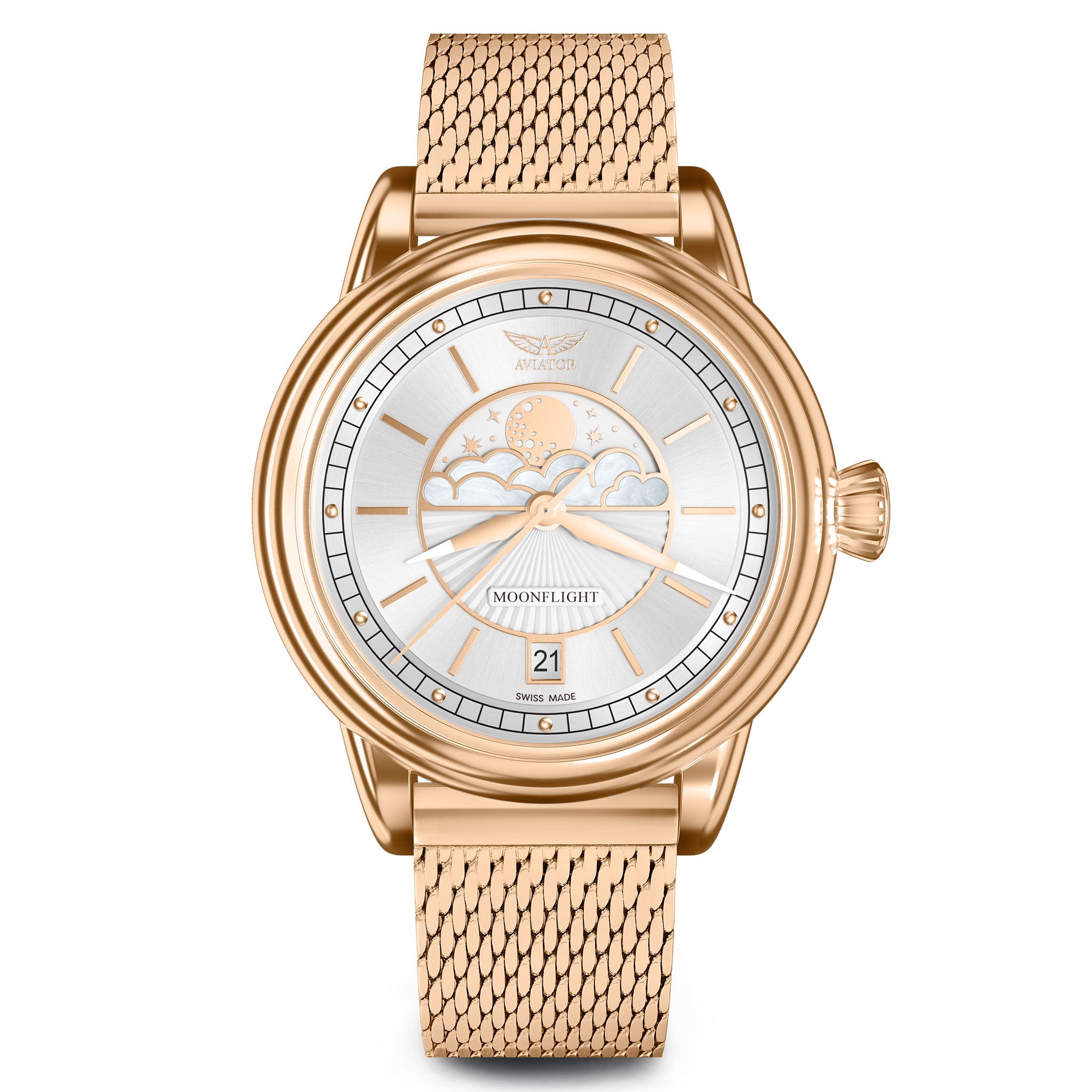 Aviator Gold Mesh White Dial Swiss Made Women's Watch - V13322515