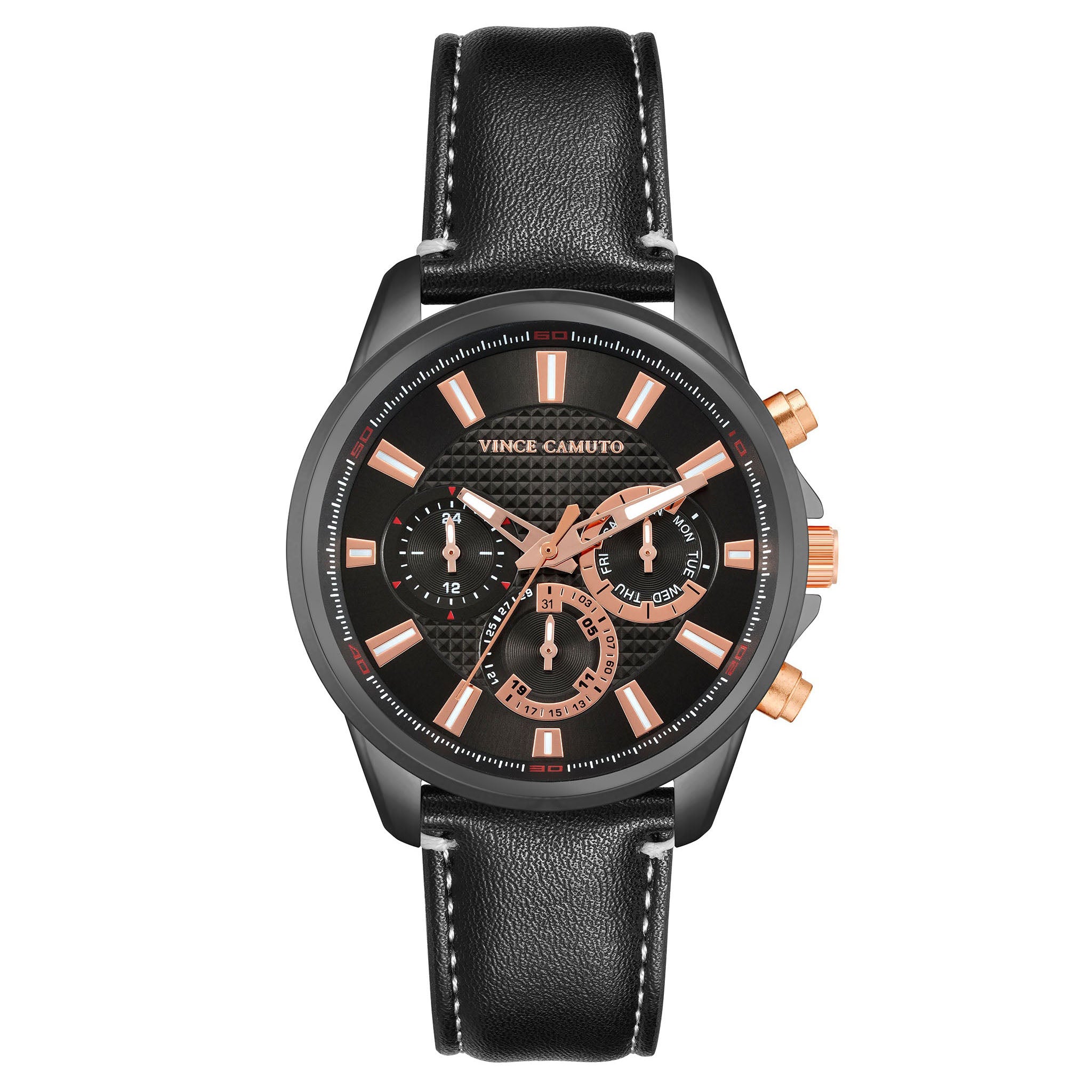 Vince Camuto Black Leather Gun Dial Multi-Function Men's Watch - VC8002BKDGBK
