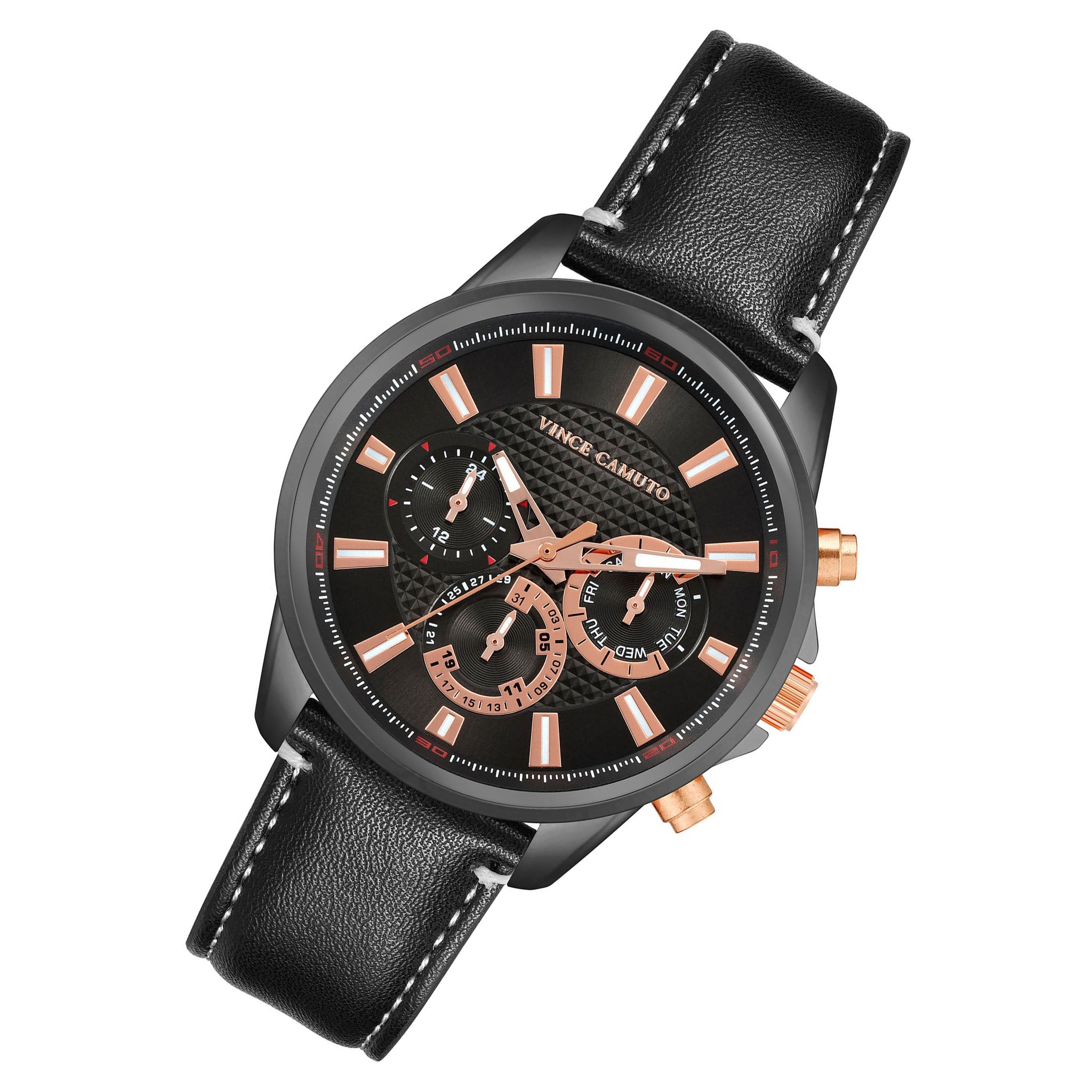 Vince Camuto Black Leather Gun Dial Multi-Function Men's Watch - VC8002BKDGBK