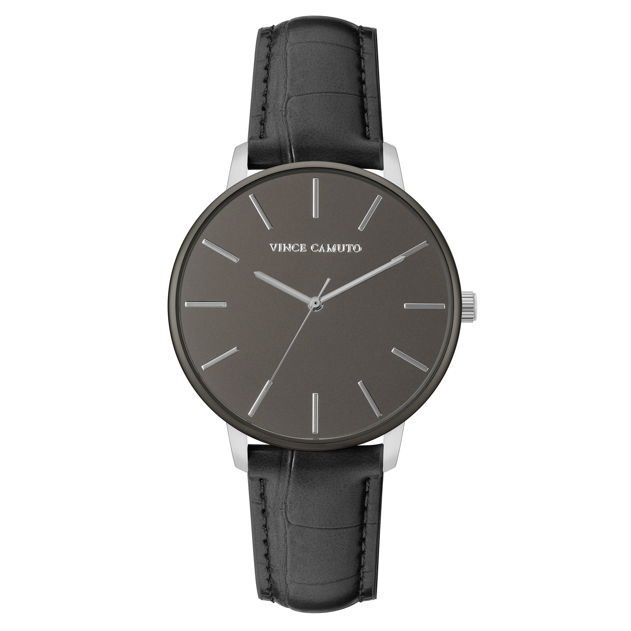 Vince Camuto Black Leather Gun Dial Men's Watch - VC8007GYGTBK