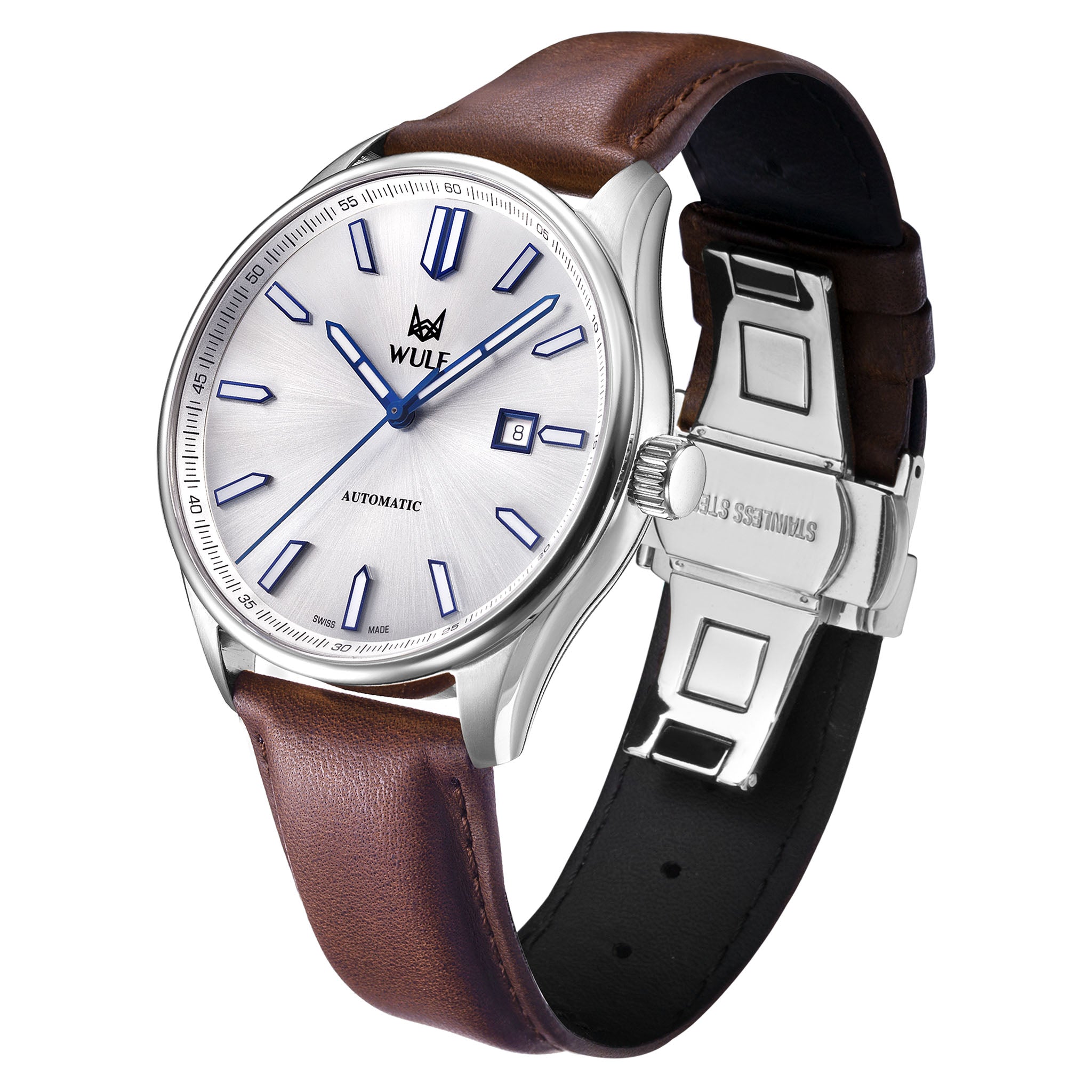 WULF ALPHA Brown Leather Silver Dial Automatic Men's Watch - WF01.01