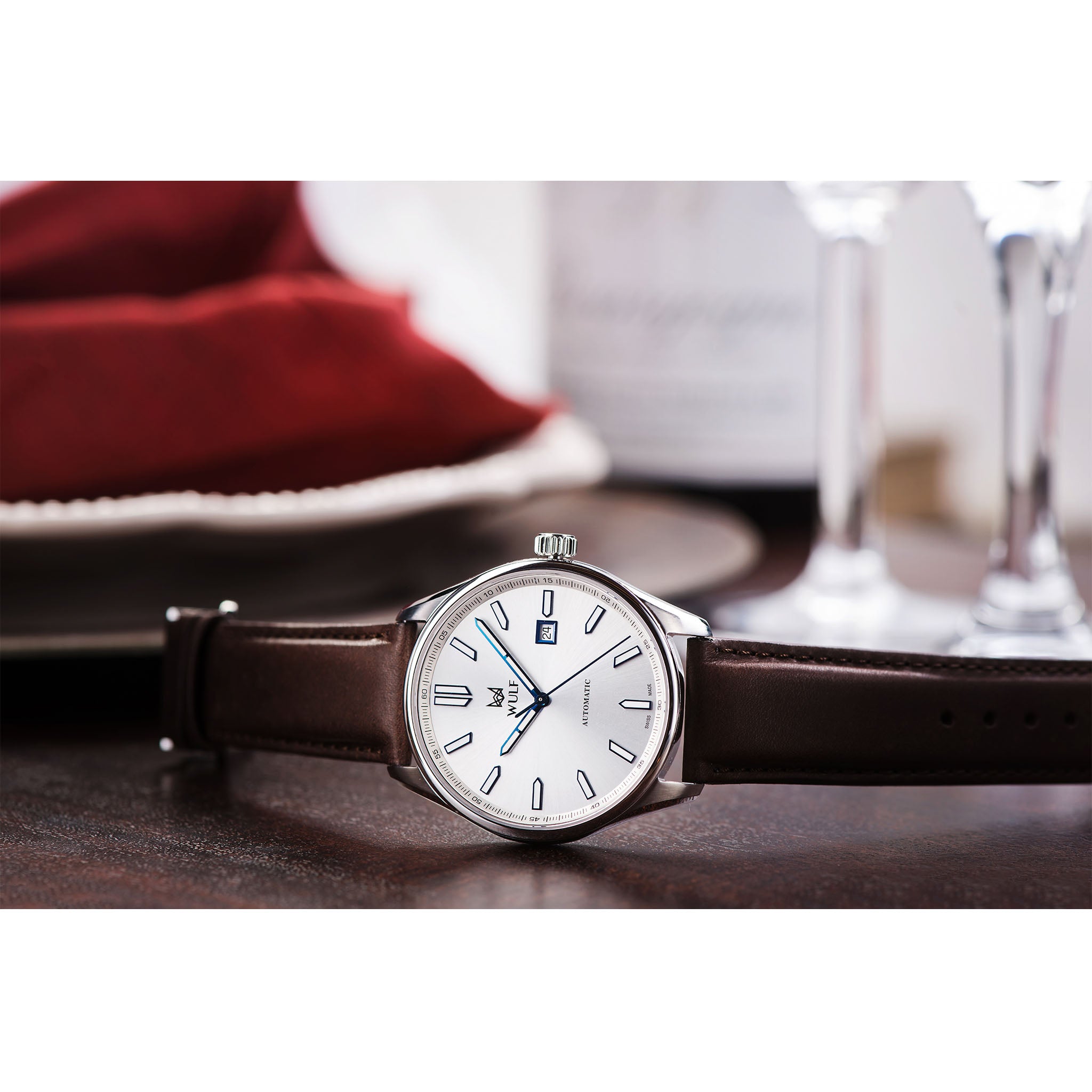 WULF ALPHA Brown Leather Silver Dial Automatic Men's Watch - WF01.01