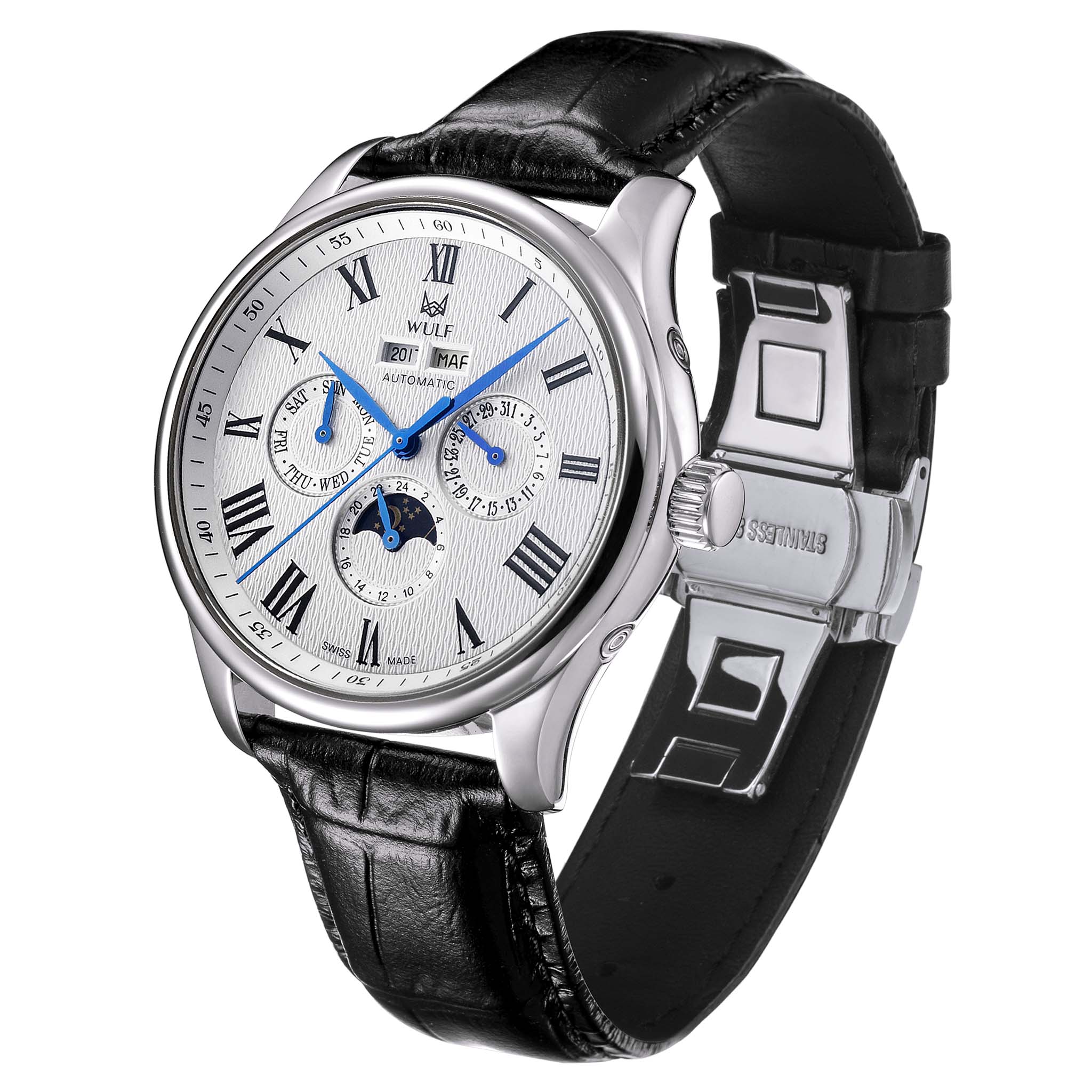Wulf ALPHA Black Leather White Dial Multi-function Men's Automatic Watch - WF03.01