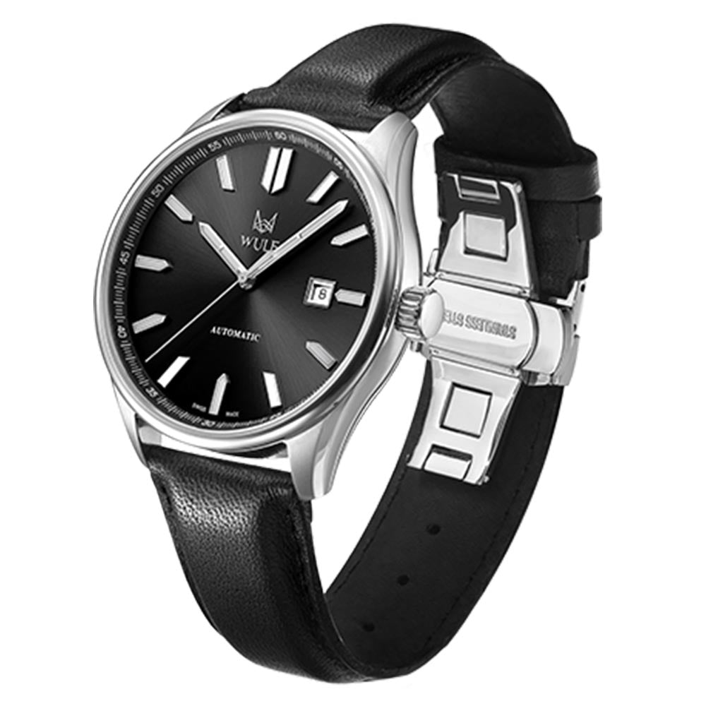 WULF Alpha Black Leather Automatic Swiss Made Unisex Watch - WF04.02