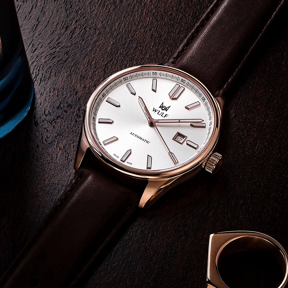 WULF Alpha Brown Leather White Dial Automatic Unisex Watch - WF04.04