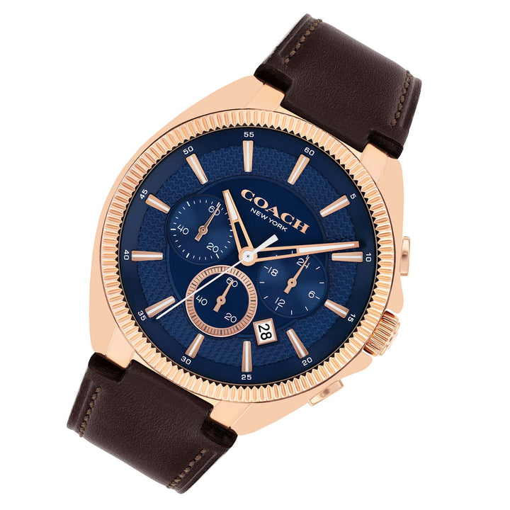 Coach Dark Brown Leather Navy Dial Chronograph Men's Watch - 14602745