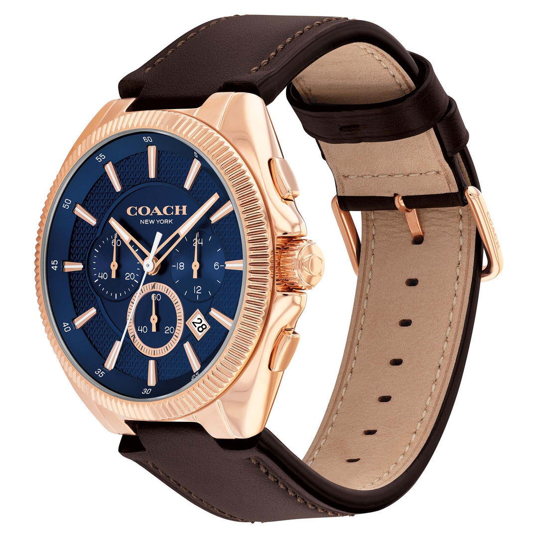 Coach Dark Brown Leather Navy Dial Chronograph Men's Watch - 14602745
