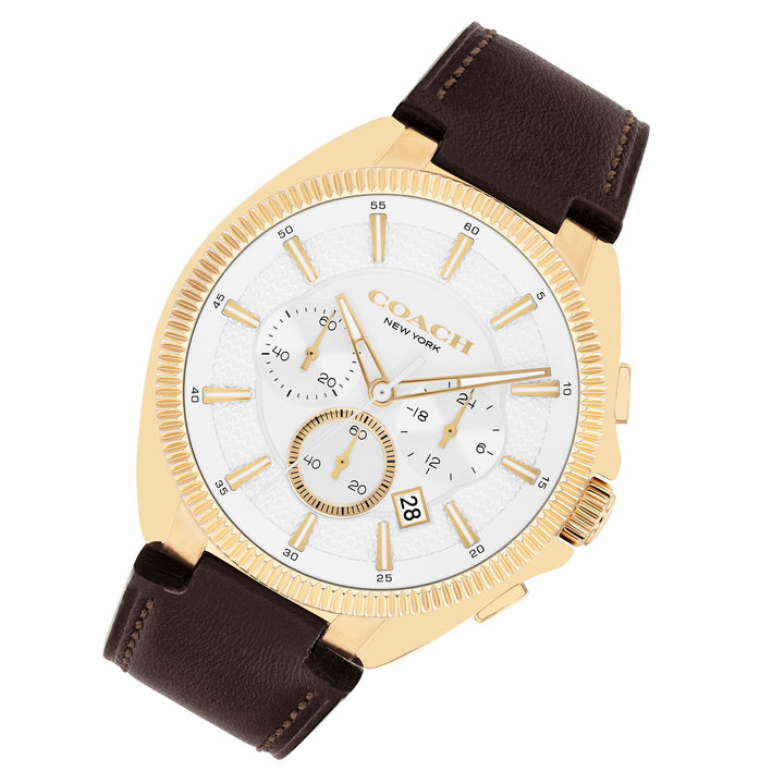 Coach Dark Brown Leather Silver White Dial Chronograph Men's Watch - 14602746
