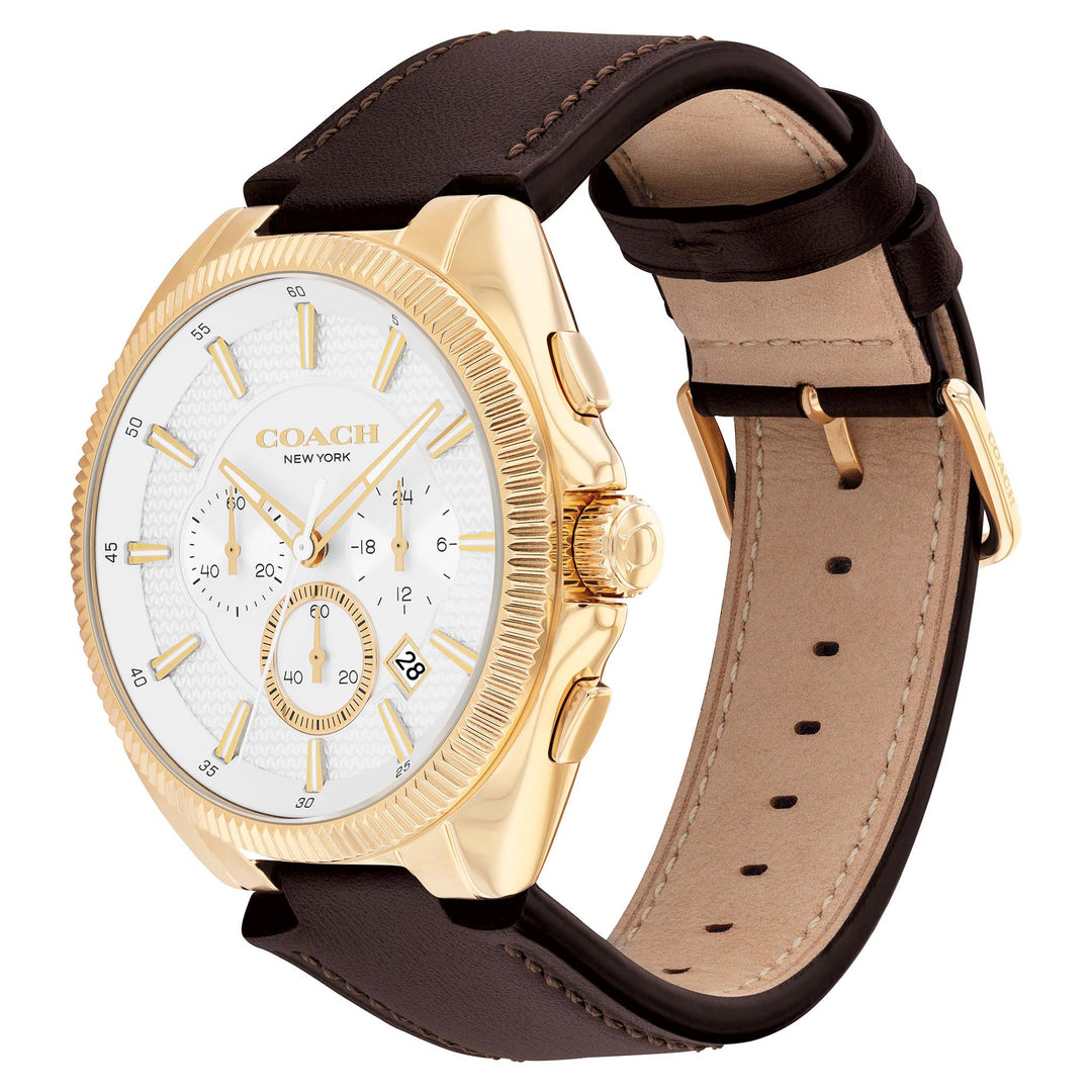 Coach Dark Brown Leather Silver White Dial Chronograph Men's Watch - 14602746
