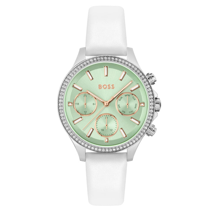 Hugo Boss White Leather Green Dial Women's Multi-function Watch - 1502629