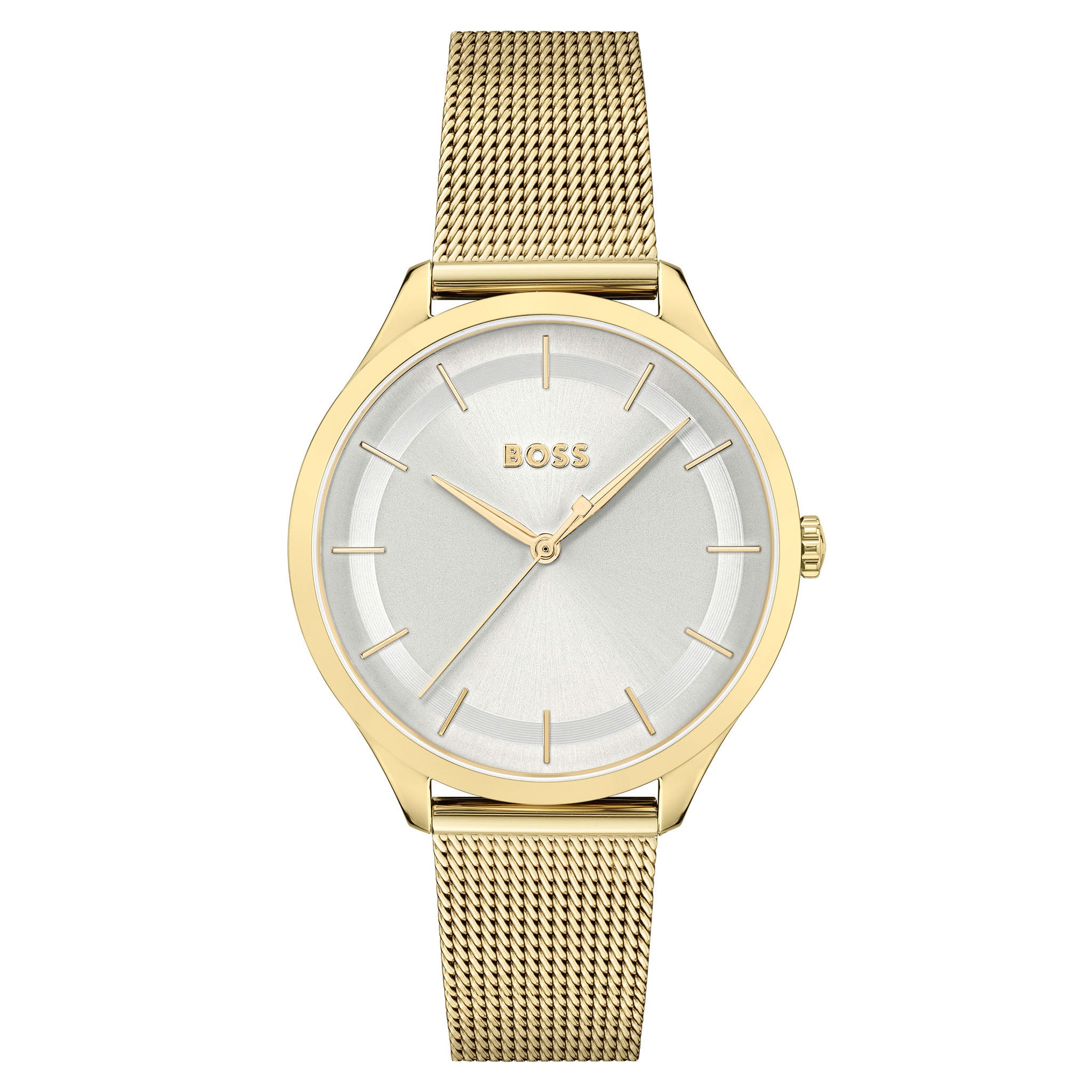 Hugo Boss Gold Steel Mesh Silver White Dial Slim Women's Watch - 1502696