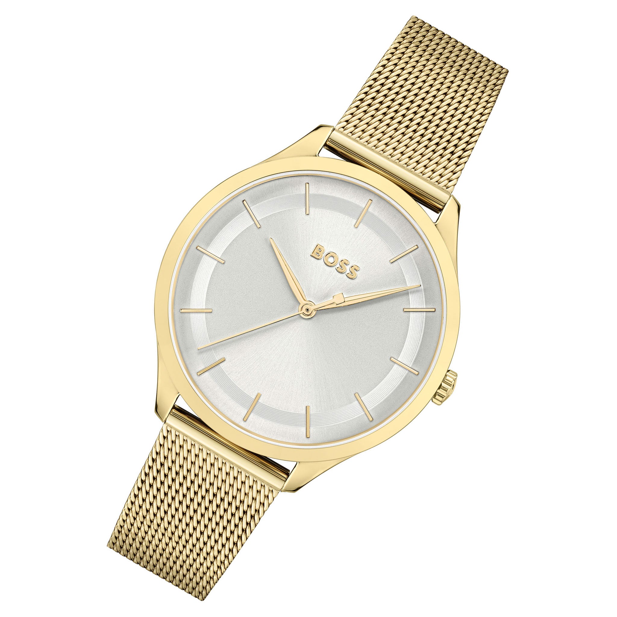 Hugo Boss Gold Steel Mesh Silver White Dial Slim Women's Watch - 1502696