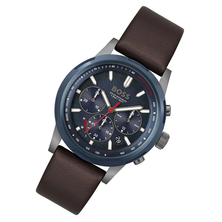 Hugo Boss Brown Leather Blue Dial Solar-Chronograph Men's Watch - 1514030