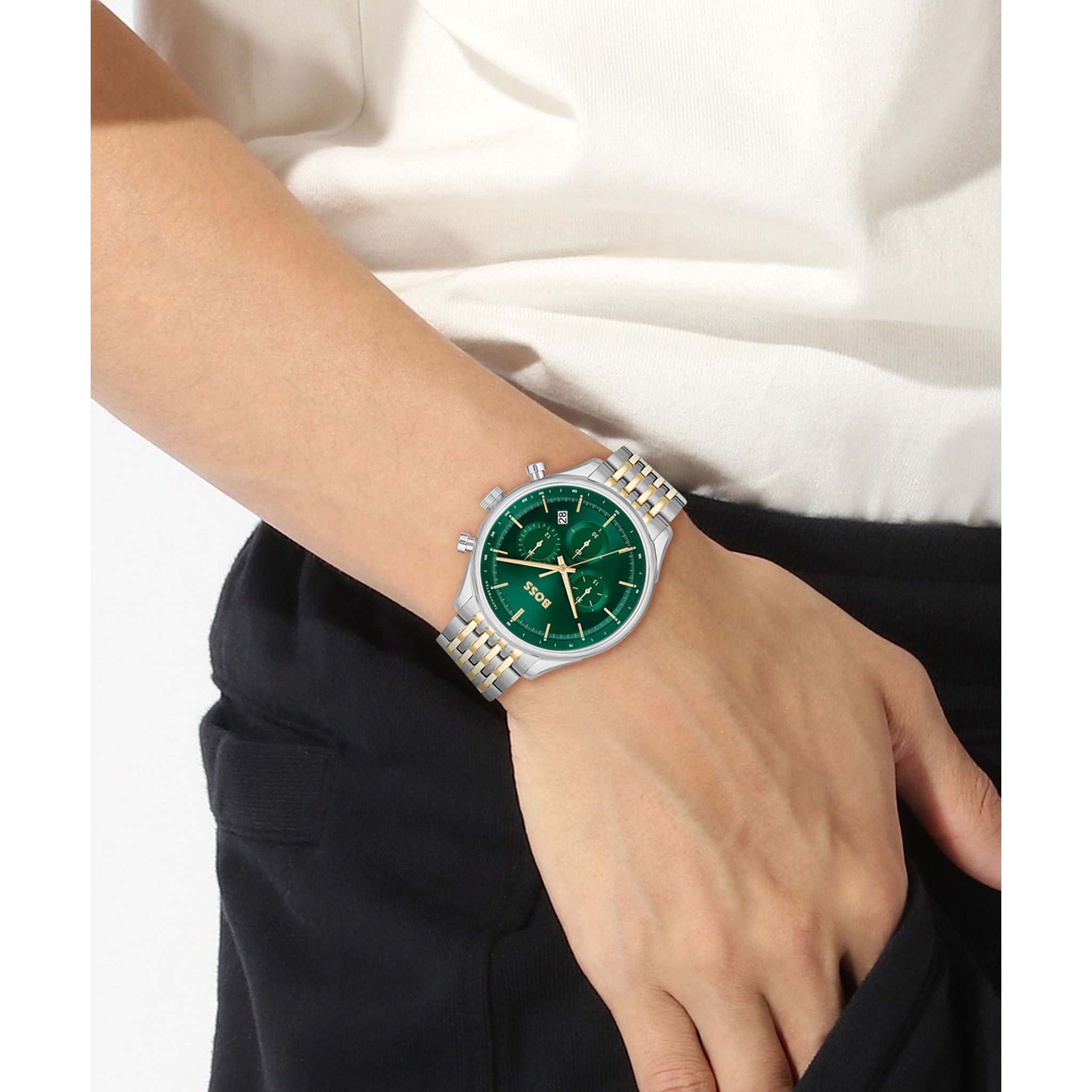Hugo Boss Two-Tone Steel Green Dial Chronograph Men's Watch - 1514081