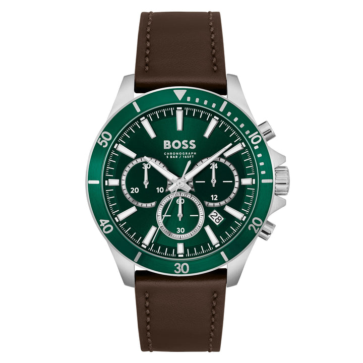 Hugo Boss Dark Brown Leather Green Dial Chronograph Men's Watch - 1514098