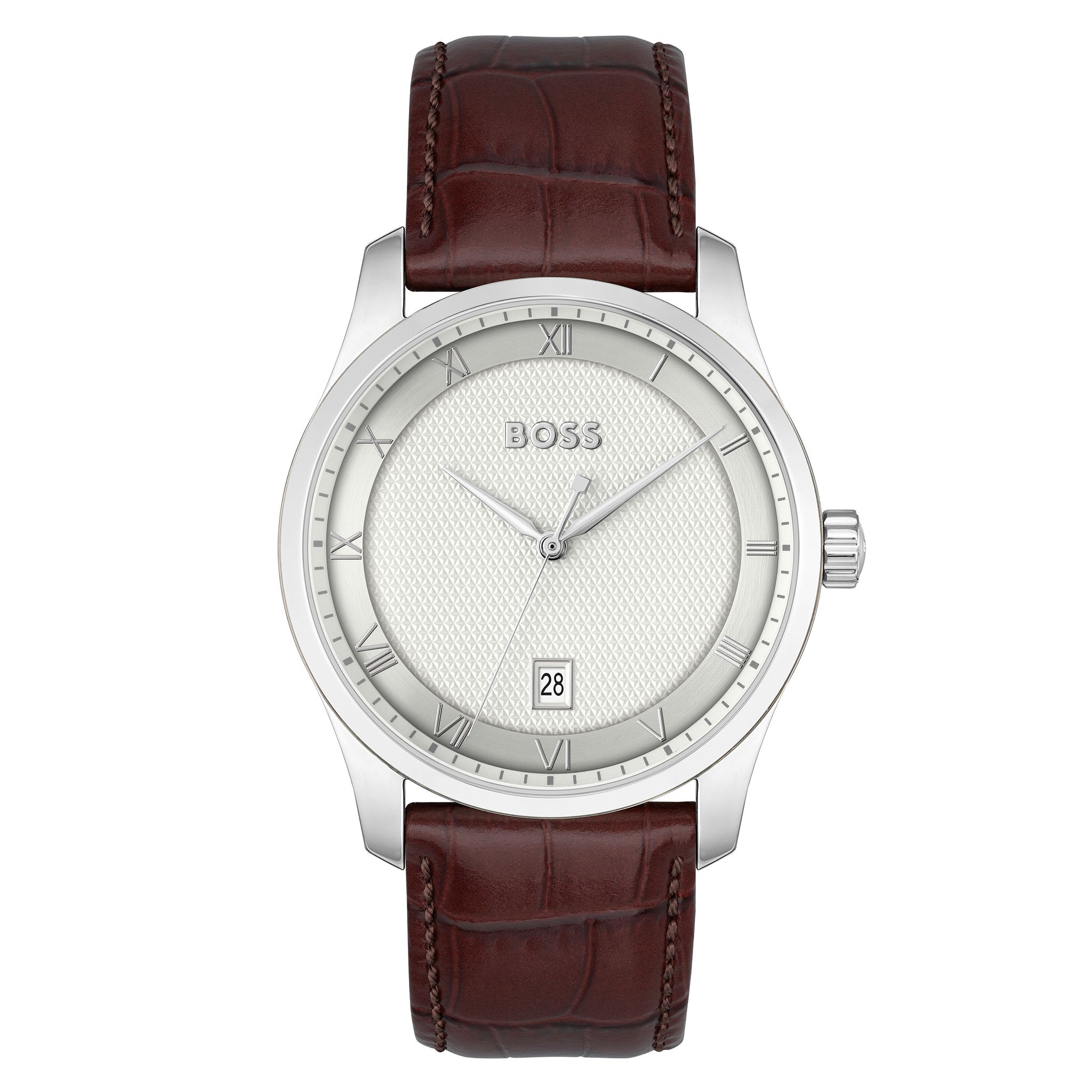 Hugo Boss Brown Leather Silver White Dial Men's Watch - 1514114