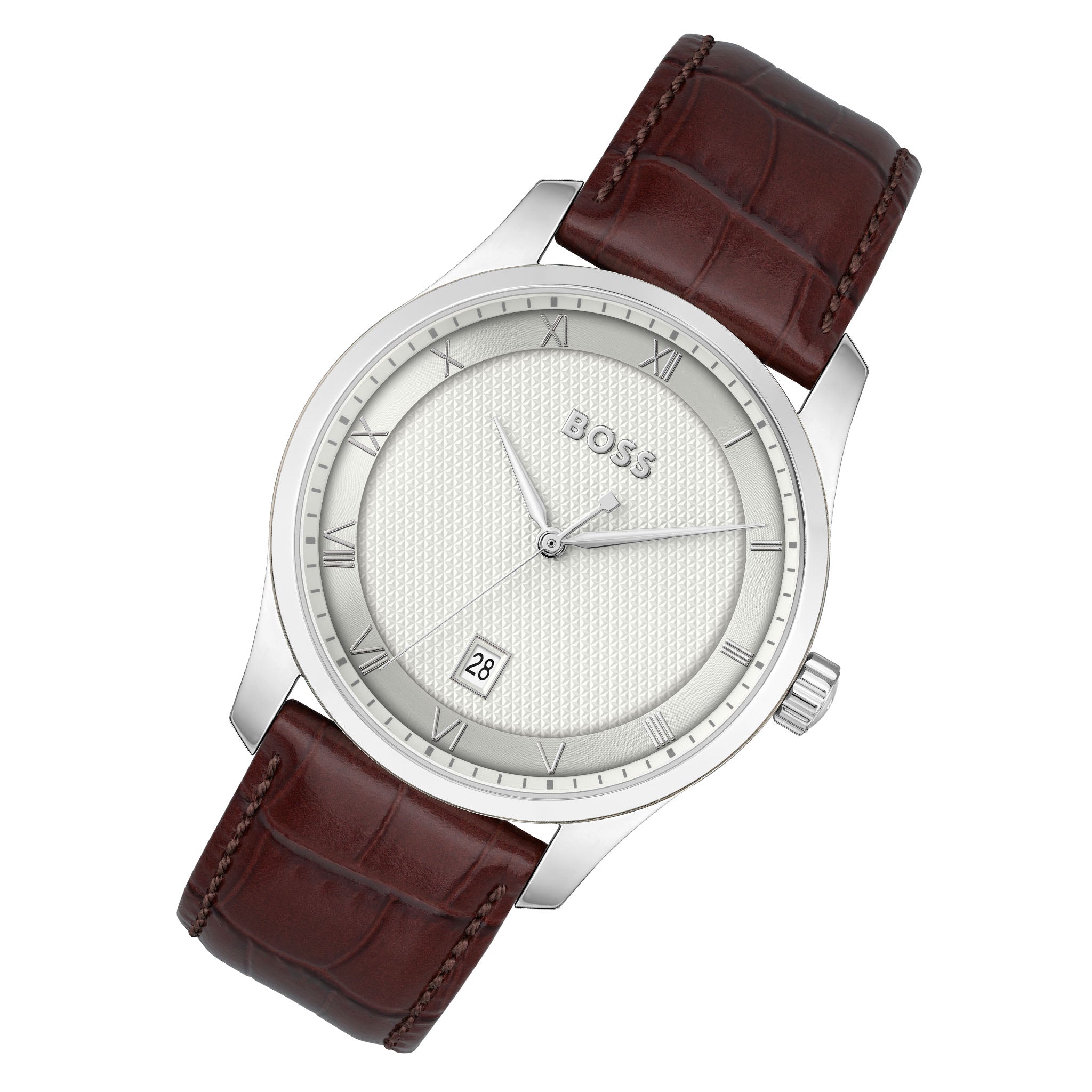 Hugo Boss Brown Leather Silver White Dial Men's Watch - 1514114