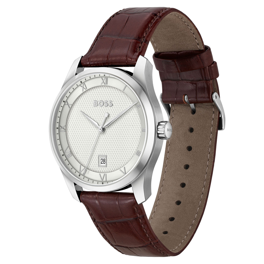 Hugo Boss Brown Leather Silver White Dial Men's Watch - 1514114