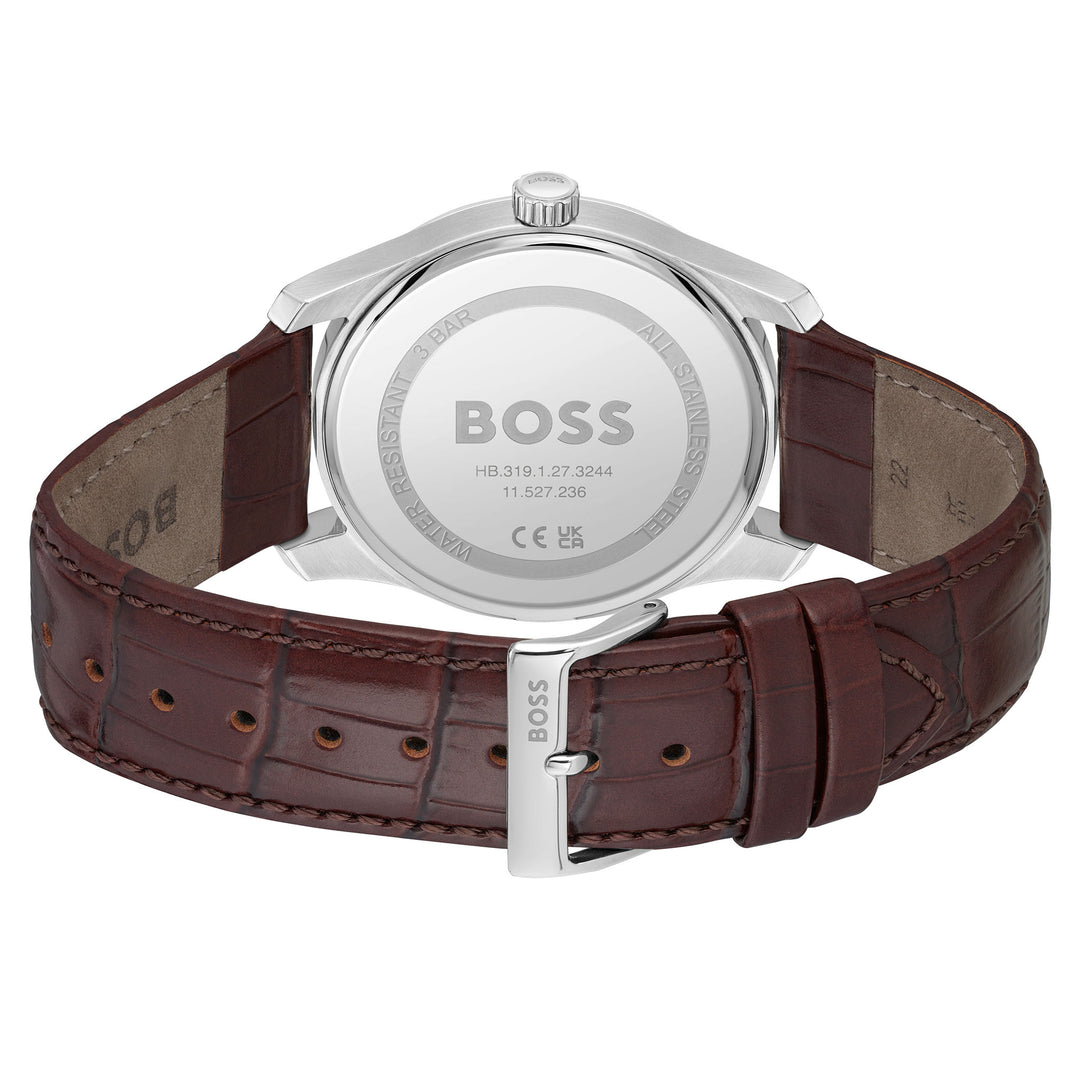 Hugo Boss Brown Leather Silver White Dial Men's Watch - 1514114